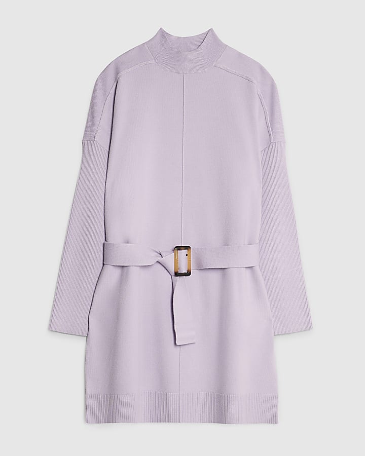 Purple Long Sleeve Belted Jumper Dress