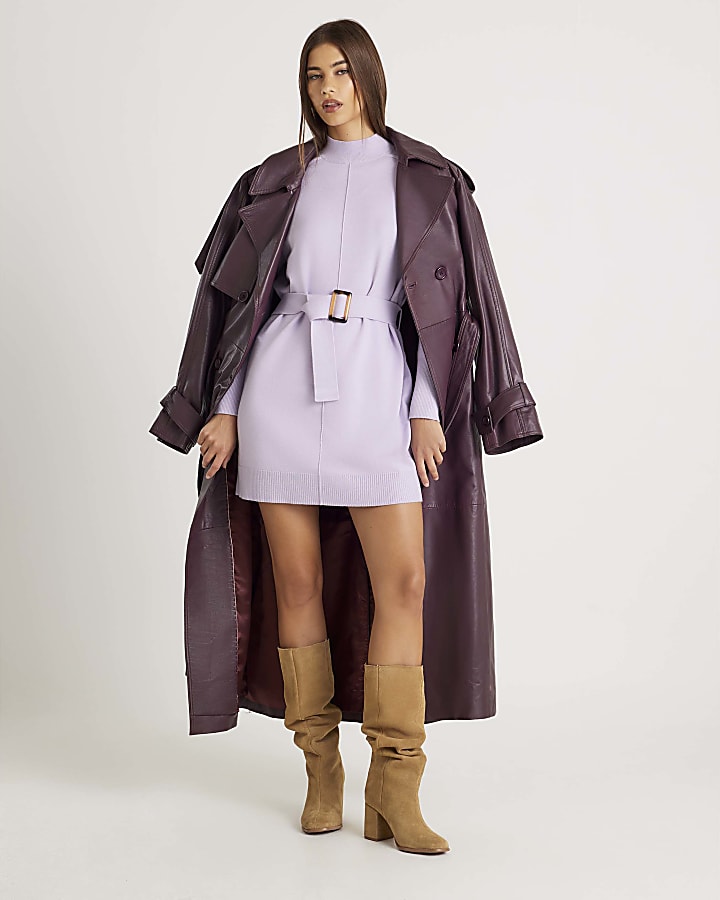 Purple Long Sleeve Belted Jumper Dress