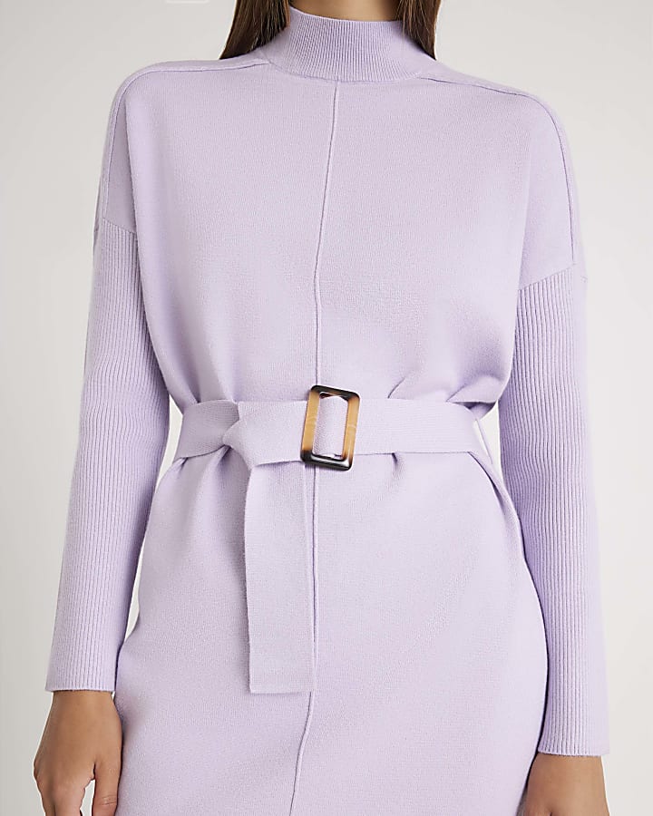 Purple Long Sleeve Belted Jumper Dress