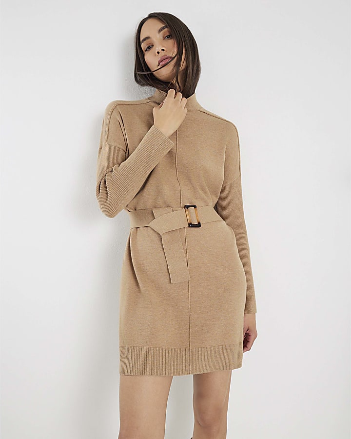 Brown Belted Jumper Dress