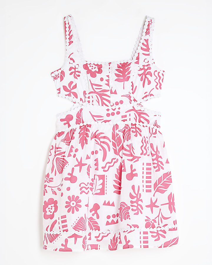 Pink Sleeveless Cut Out Printed Mini Dress