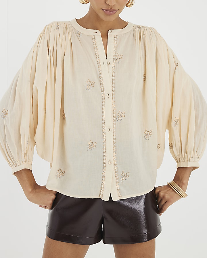 Stone Long Sleeve Embroidered Blouse