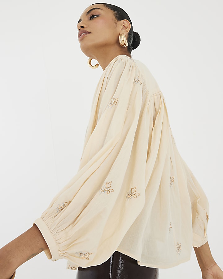 Stone Long Sleeve Embroidered Blouse