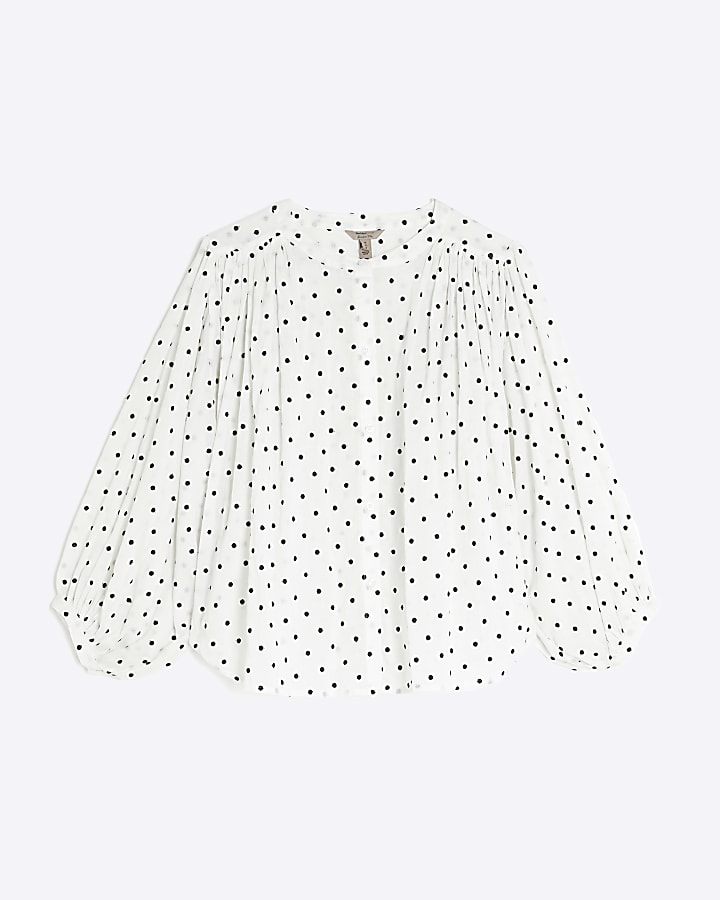 White Long Sleeve Polka Dot Print Blouse