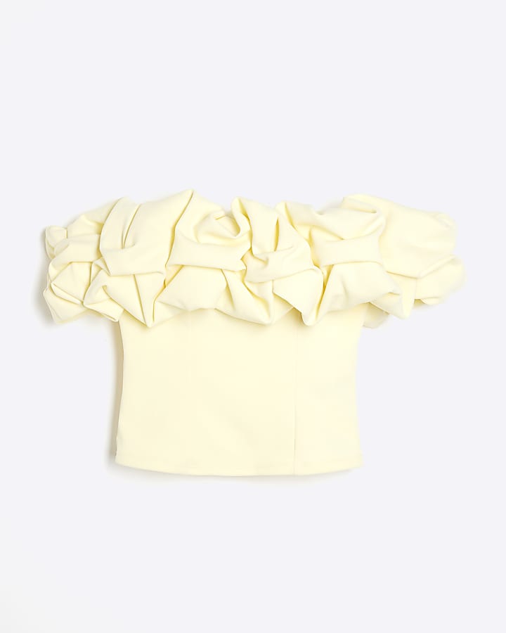 Yellow Short Sleeve Ruffle Bardot Top