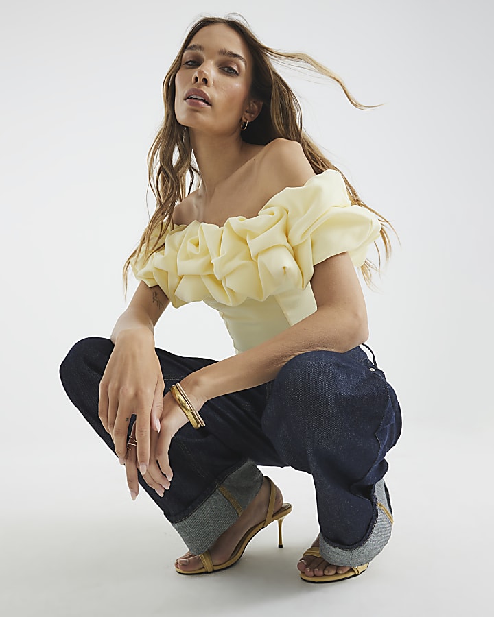 Yellow Short Sleeve Ruffle Bardot Top