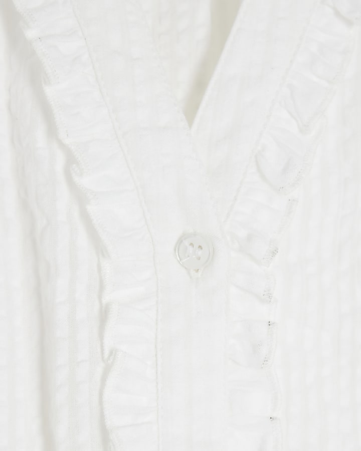 White Short Sleeve Frill V Neck Top