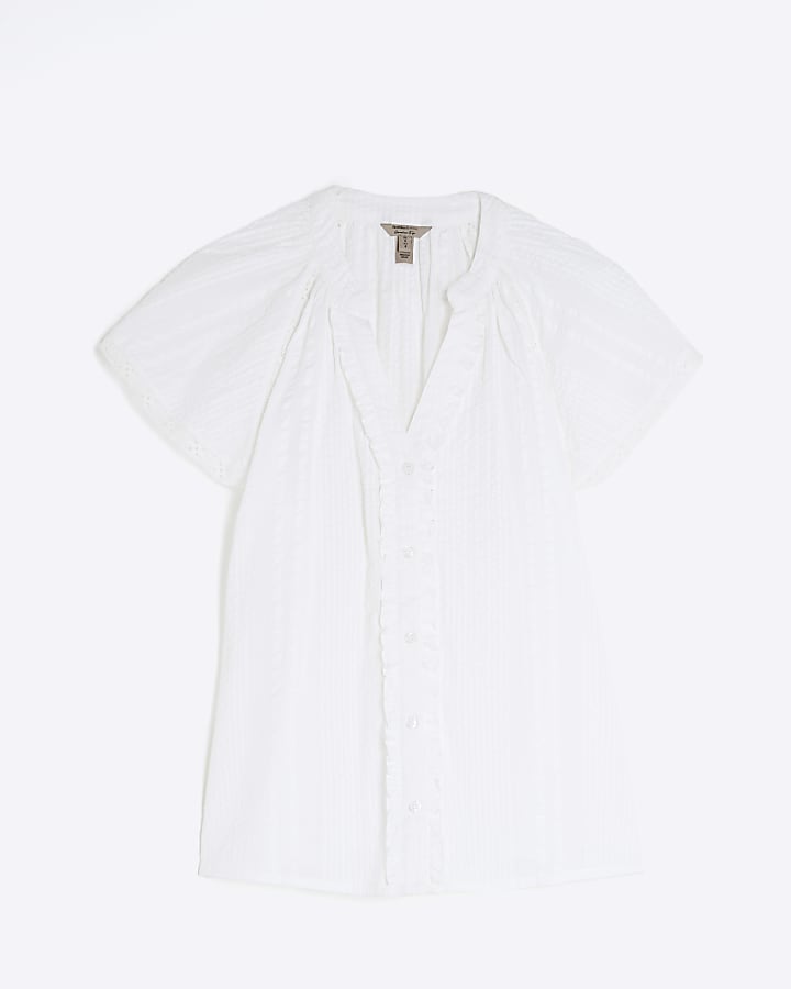 White Short Sleeve Frill V Neck Top