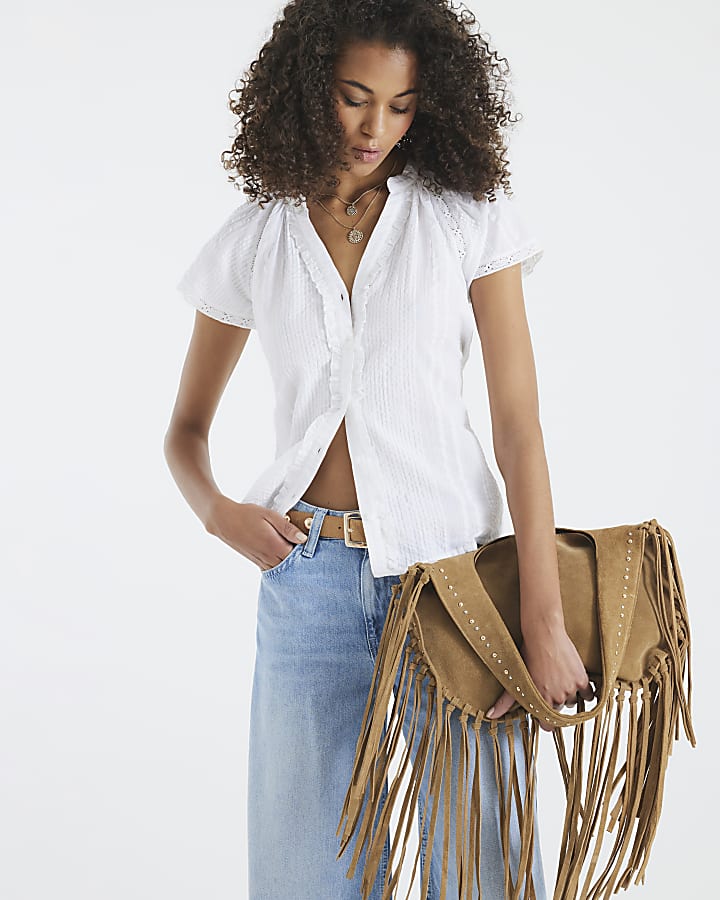 White Short Sleeve Frill V Neck Top