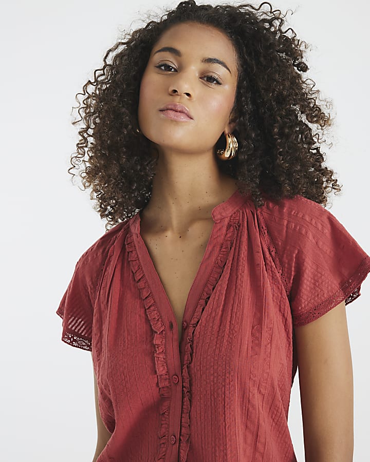 Red Short Sleeve Frill V Neck Top