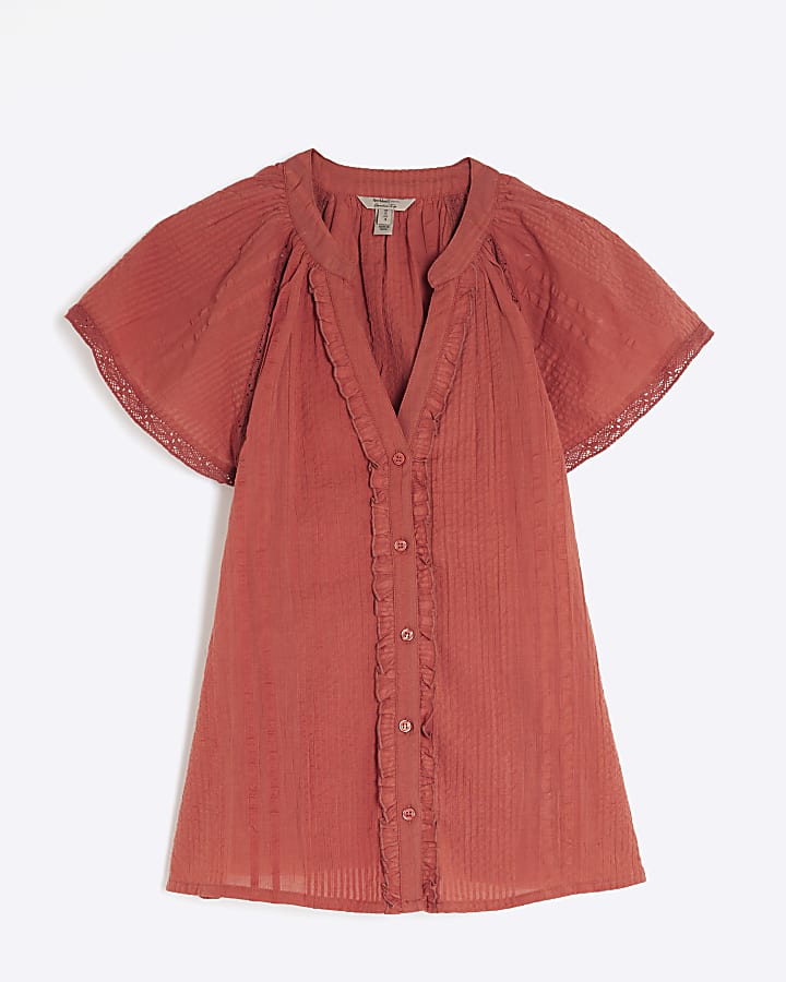 Red Short Sleeve Frill V Neck Top