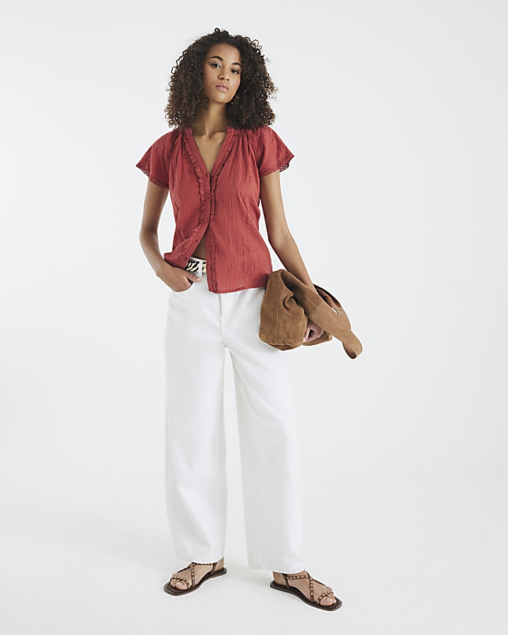 Red Short Sleeve Frill V Neck Top