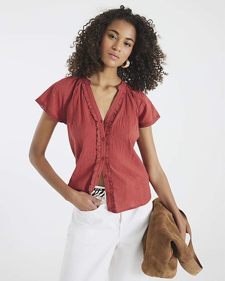 Red Short Sleeve Frill V Neck Top