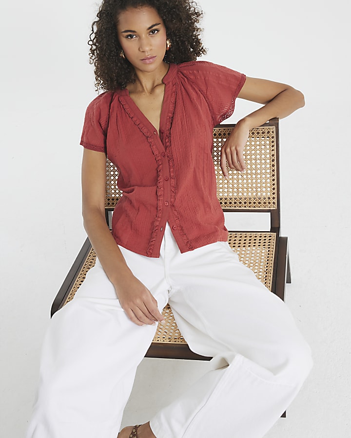 Red Short Sleeve Frill V Neck Top