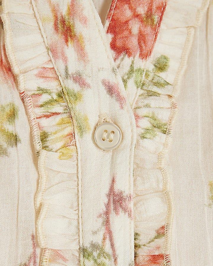 Cream Floral Short Sleeve Frill V Neck Top