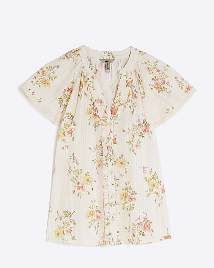 Cream Floral Short Sleeve Frill V Neck Top