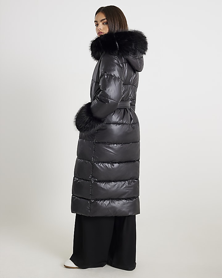 Black Faux Fur Trim Hooded Padded Coat