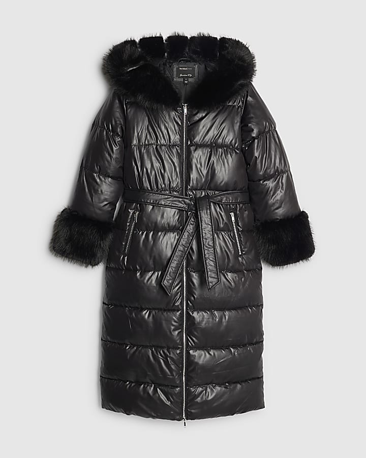 Black Faux Fur Trim Hooded Padded Coat