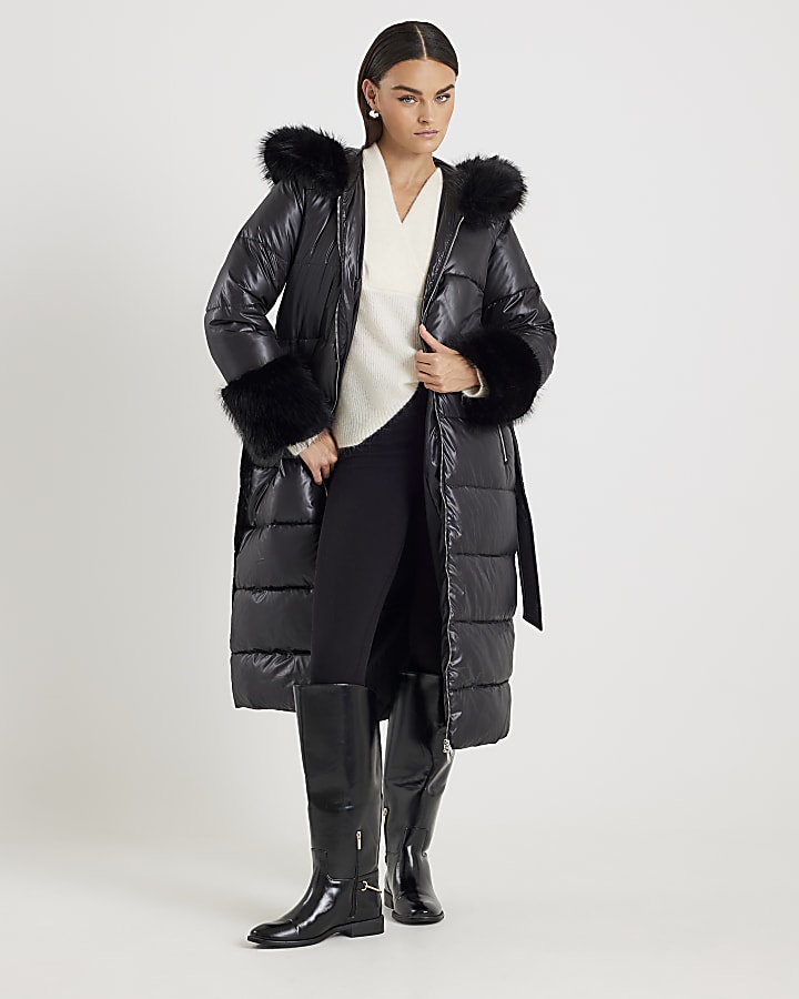 Black Faux Fur Trim Hooded Padded Coat