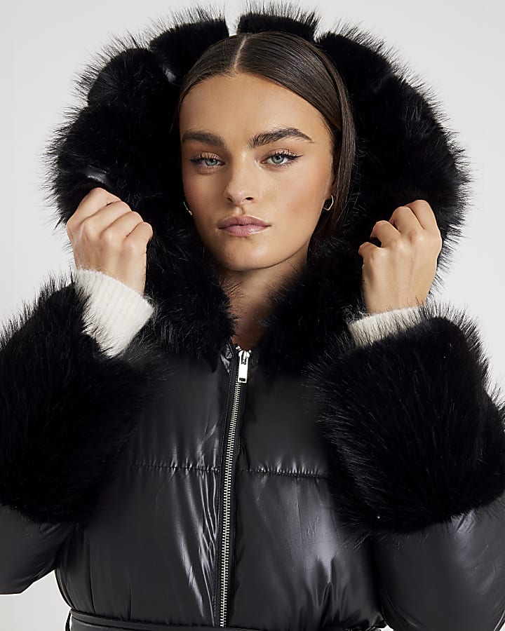Black Faux Fur Trim Hooded Padded Coat