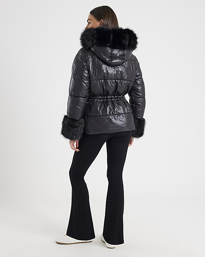 Black Short Faux Fur Hooded Puffer Jacket
