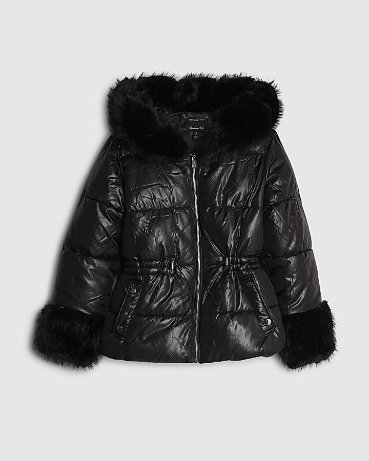 Black Short Faux Fur Hooded Puffer Jacket