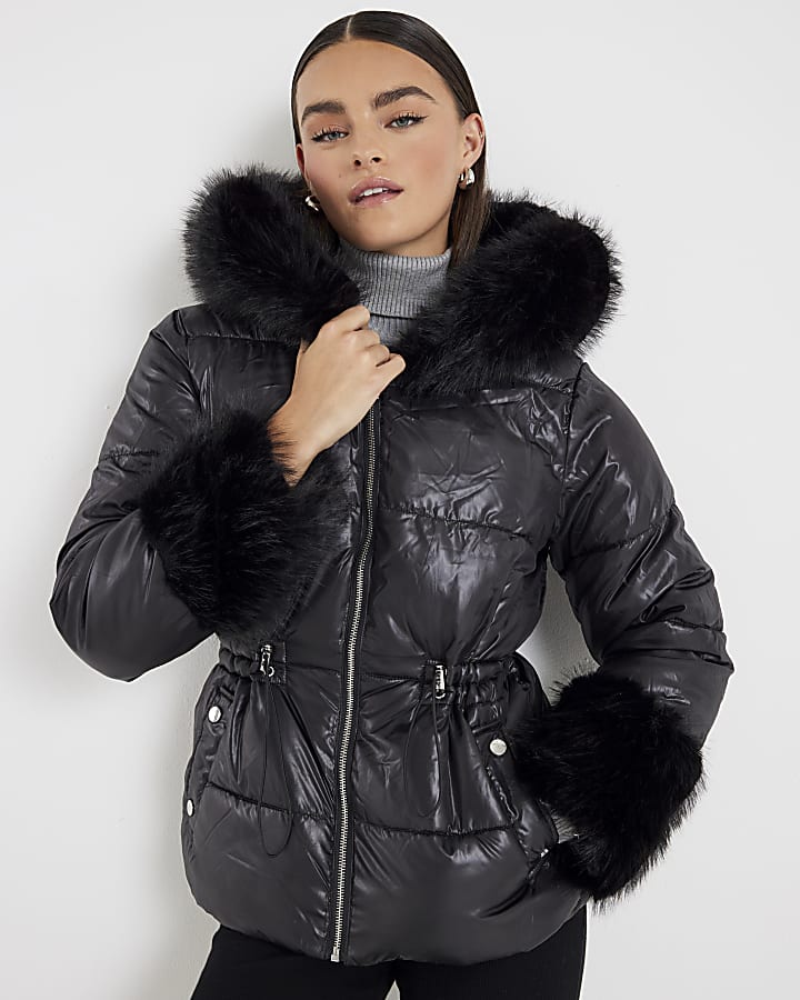 Black Short Faux Fur Hooded Puffer Jacket