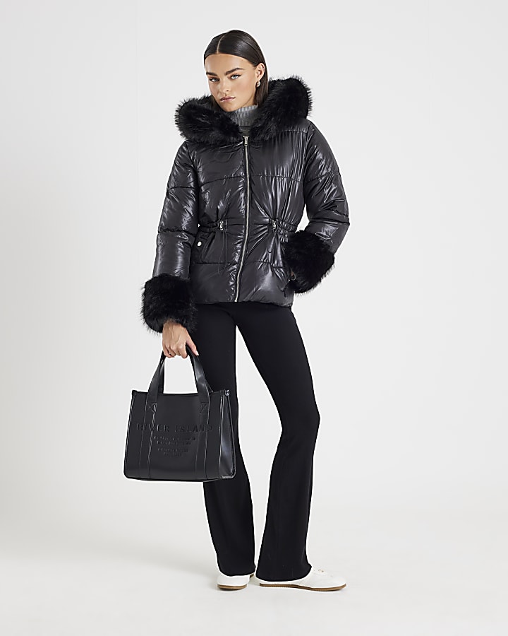 Black Short Faux Fur Hooded Puffer Jacket