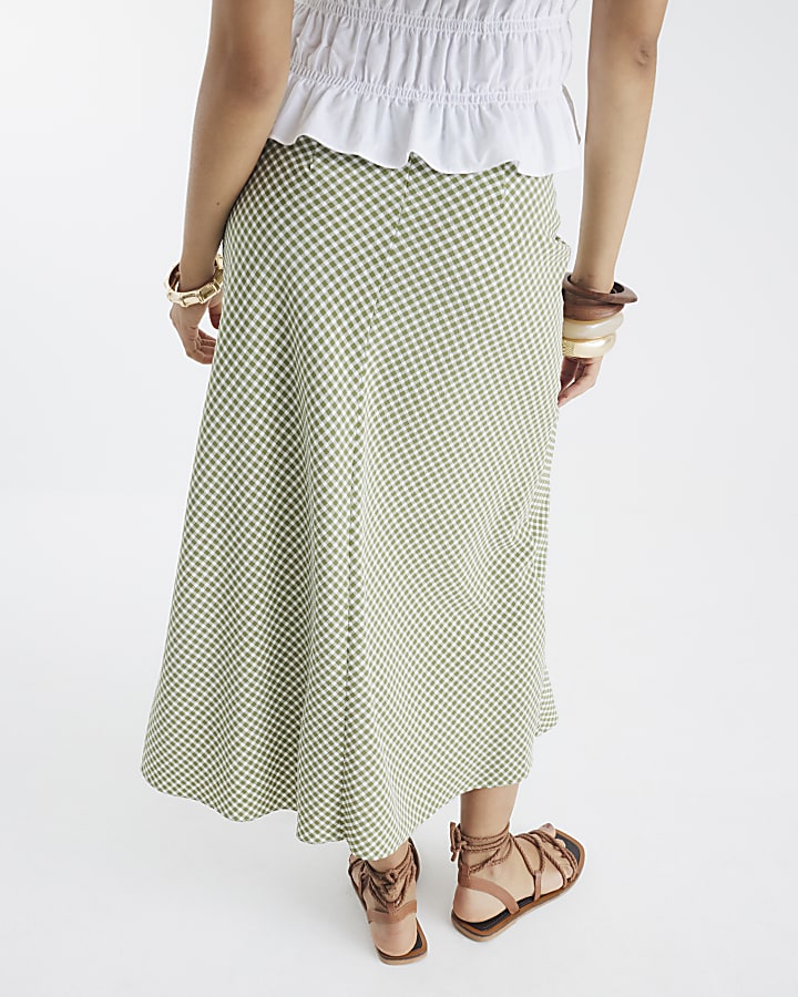Khaki Gingham Midi Skirt