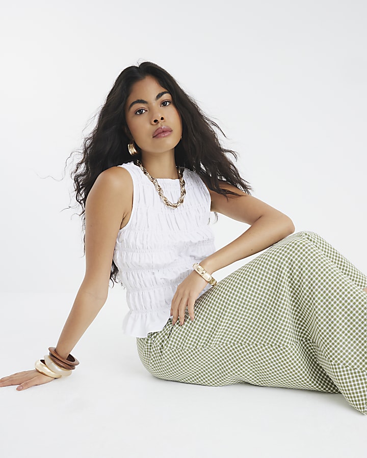 Khaki Gingham Midi Skirt