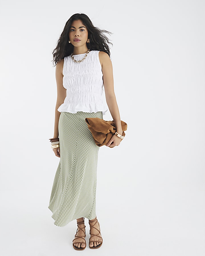 Khaki Gingham Midi Skirt