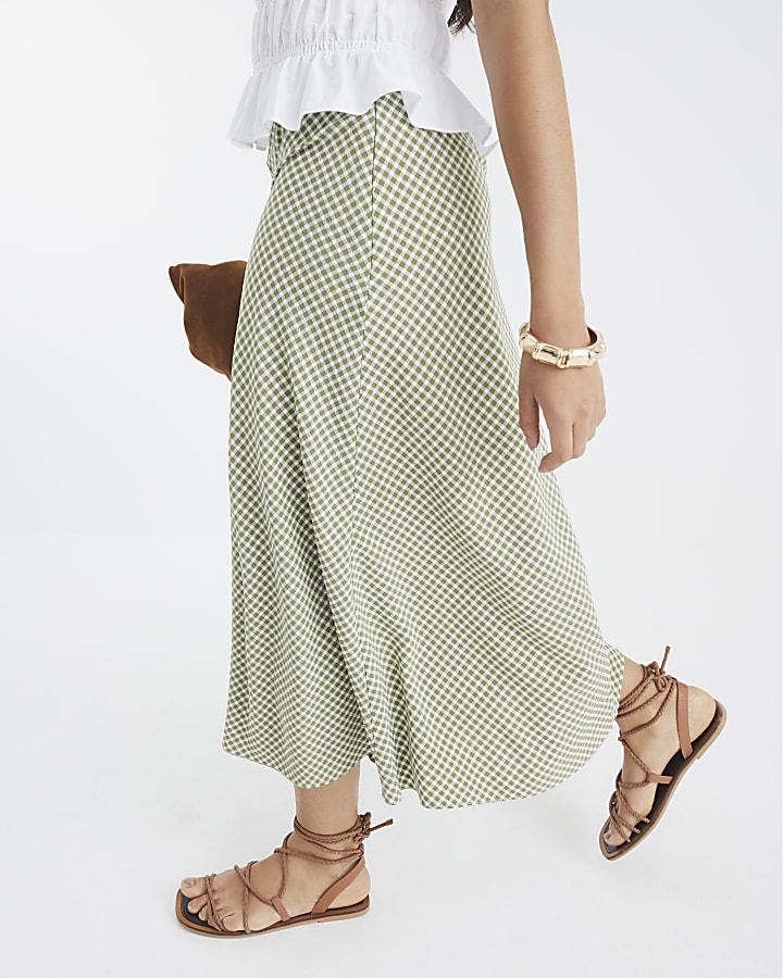Khaki Gingham Midi Skirt