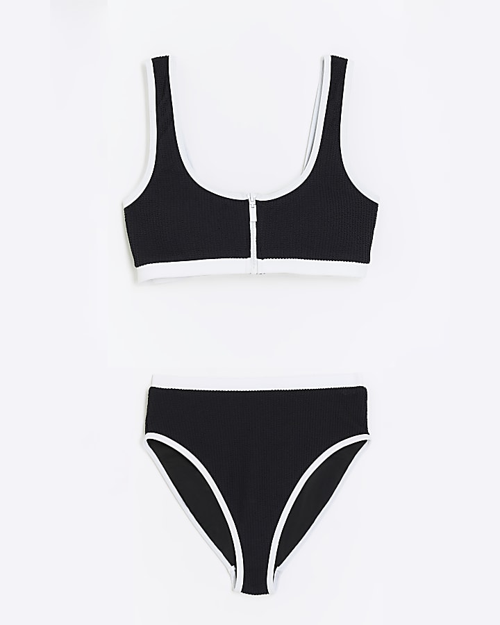 Black Zip Front Textured Bikini Set