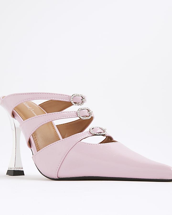 Pink Triple Buckle Heeled Mules