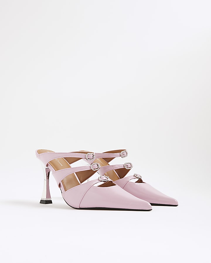 Pink Triple Buckle Heeled Mules