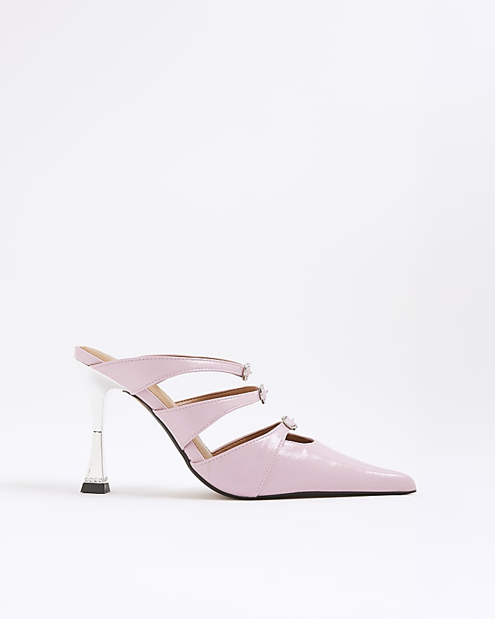 Pink Triple Buckle Heeled Mules