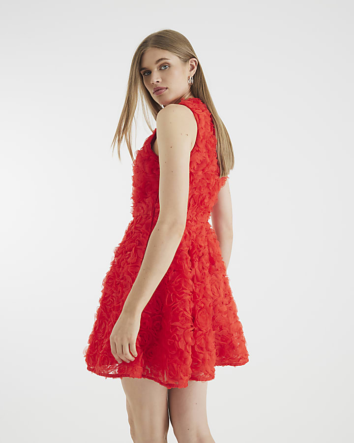 Red 3D Floral Mini Dress