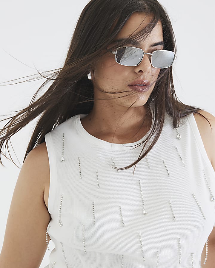 White Sleeveless Diamante Ribbed Tank Top