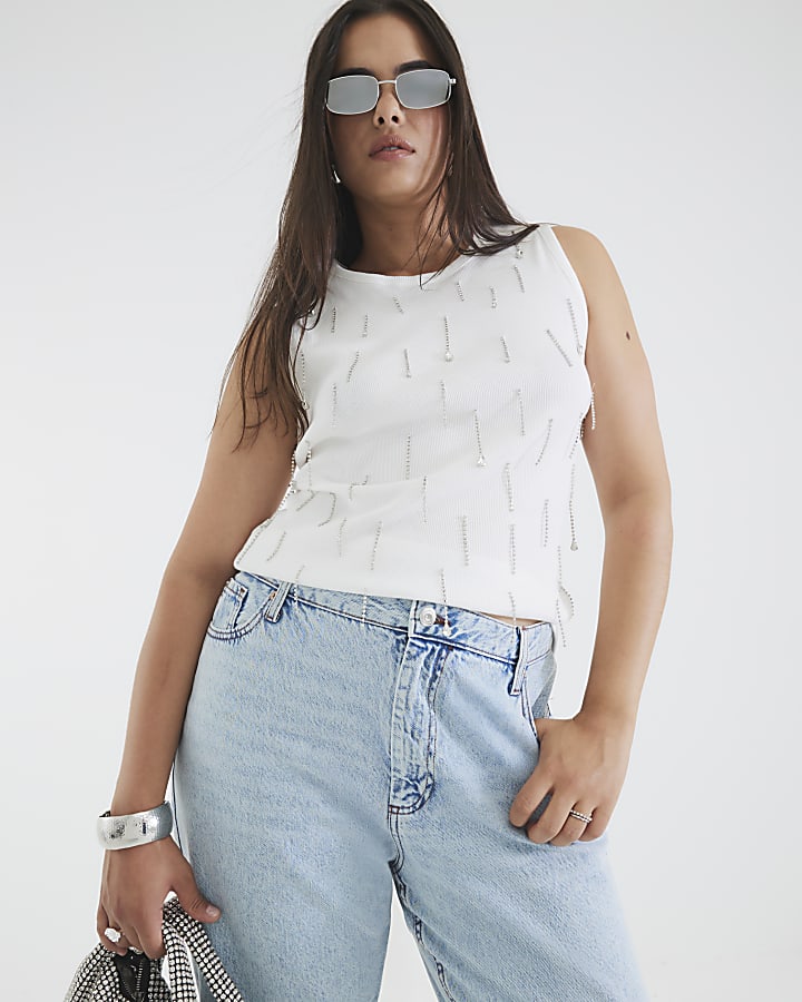 White Sleeveless Diamante Ribbed Tank Top