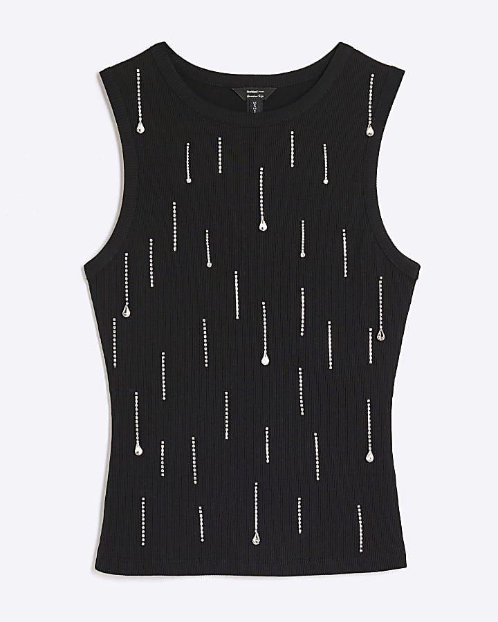Black Sleeveless Diamante Ribbed Tank Top
