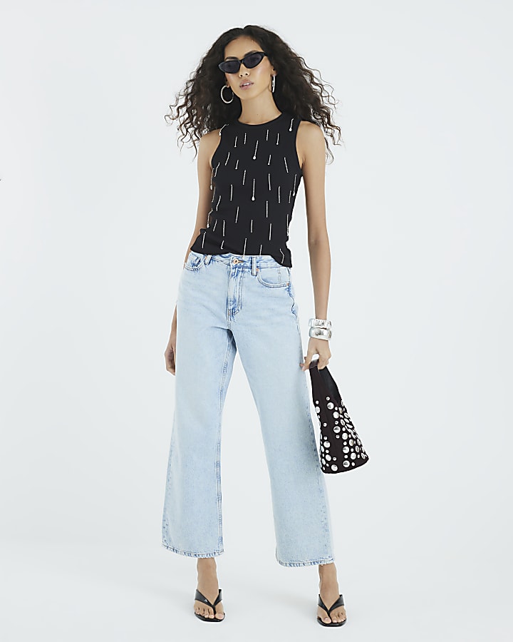 Black Sleeveless Diamante Ribbed Tank Top