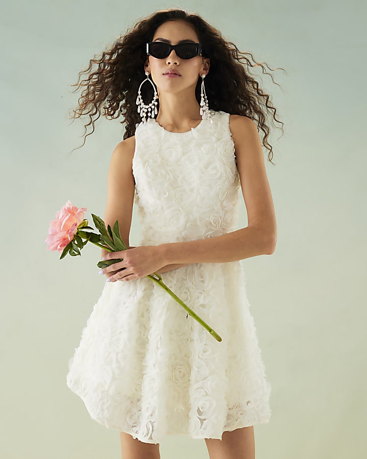 White 3D Floral Occasion Mini Dress