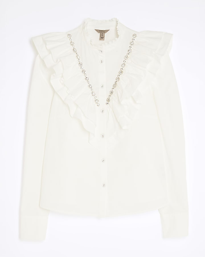 White Diamante Embellished Ruffle Shirt