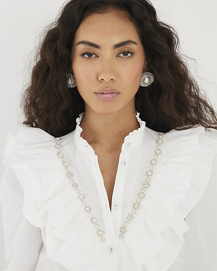 White Diamante Embellished Ruffle Shirt