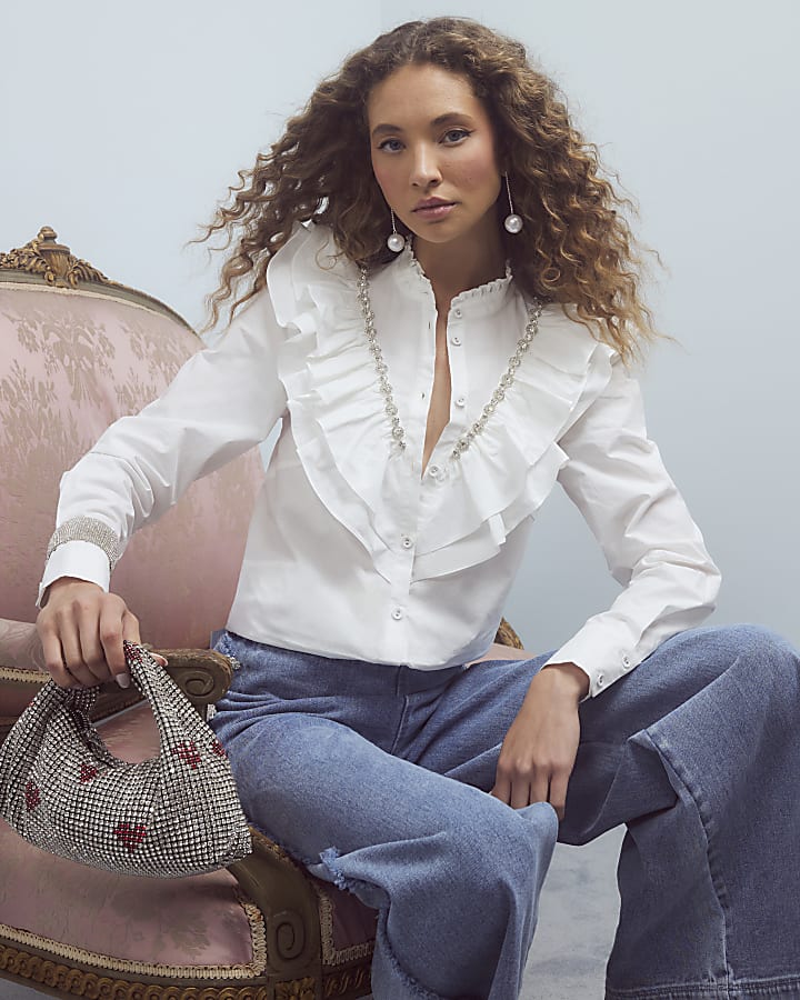 White Diamante Embellished Ruffle Shirt