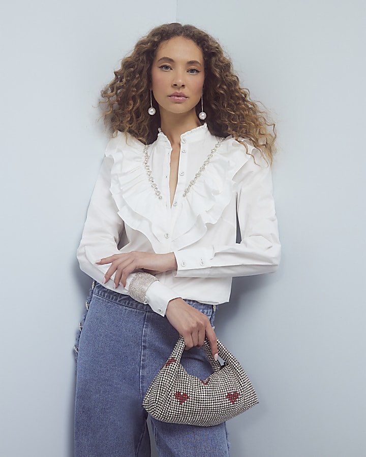 White Diamante Embellished Ruffle Shirt