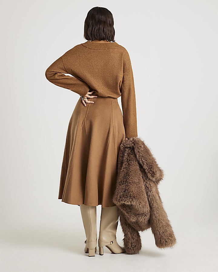Brown Godet Wool Blend Midi Skirt