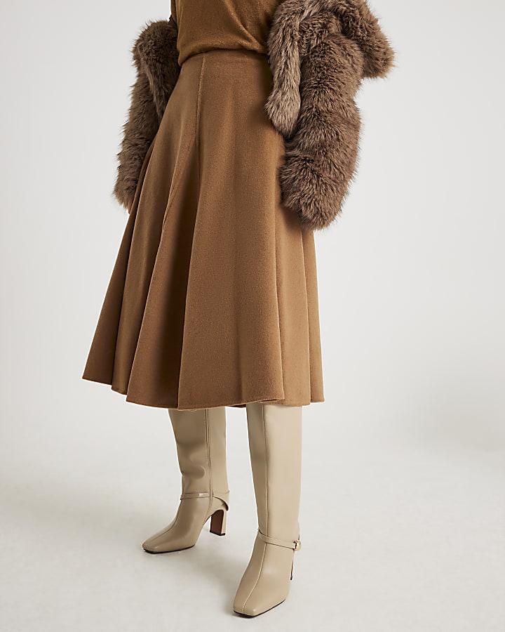 Brown Godet Wool Blend Midi Skirt