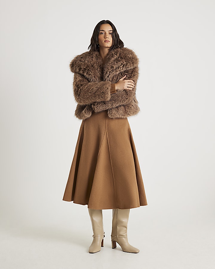Brown Godet Wool Blend Midi Skirt