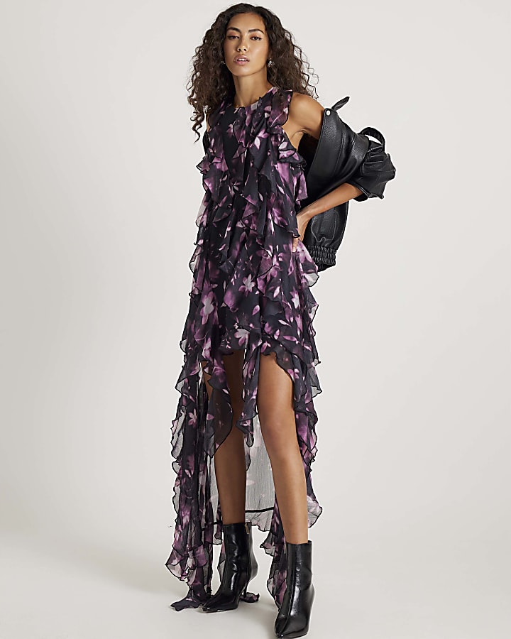 Black floral ruffle maxi dress